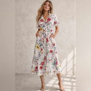 D030. Floral Button-Front Midi Dress in White